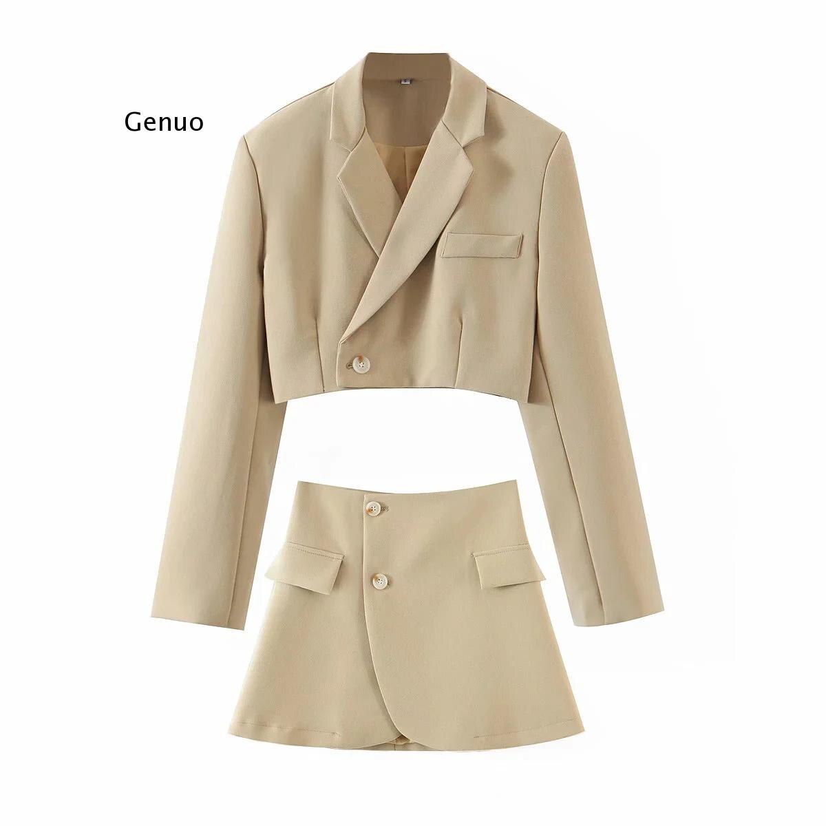 Traje de falda superior para mujer, de color sólido Chaqueta corta, trajes de falda corta con solapa, una hilera de botones, Chaqueta corta de manga larga para otoño, 2 uds.