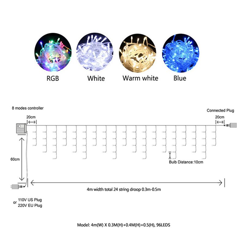 Led Curtain Icicle String Lights 3.5M/5M Droop 0.4/0.5/0.6m Christmas Lights Garland Street Party Garden Decorations for Home
