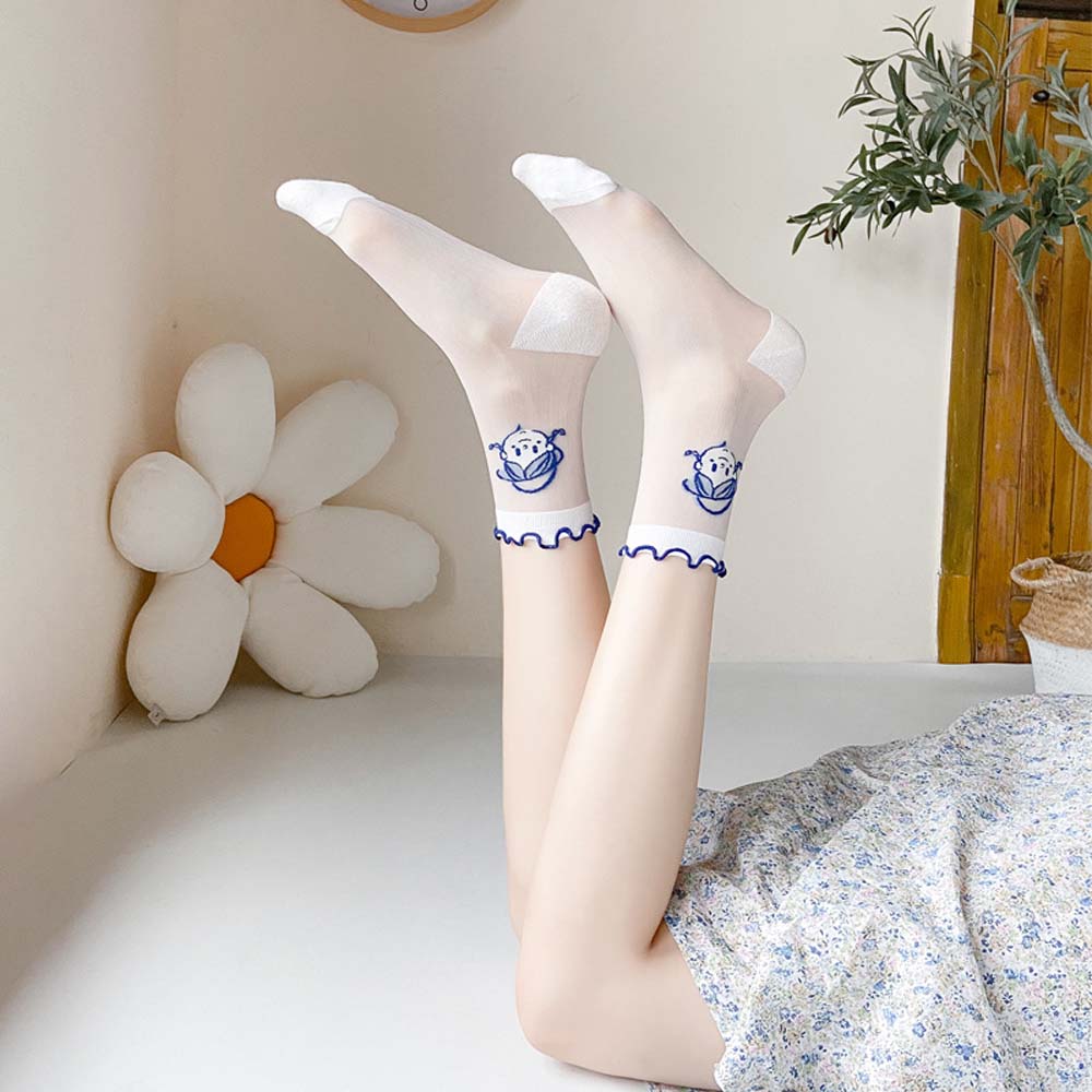 Zomer Mode Vrouwen Sokken Art Wit Meisje Leuke Transparente Onzichtbare Glas Zijde Dunne Ademende Leuke Lolita Kant Vrouwelijke Sok