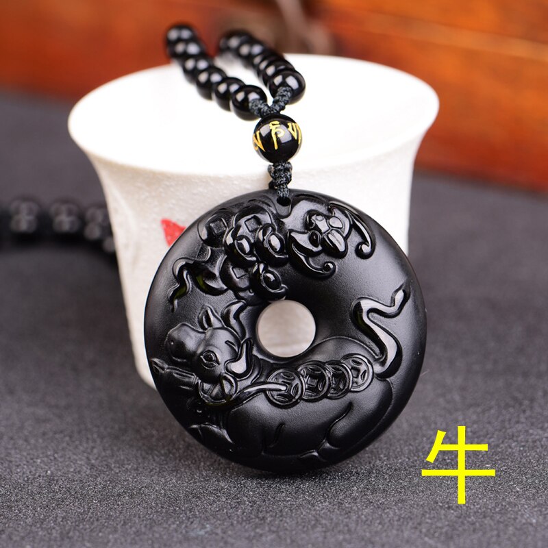 Chinese Zodiac Obsidian Dragon Tiger Pendant Necklace Charm Jewellery Accessories Hand-Carved Man Lucky Amulet