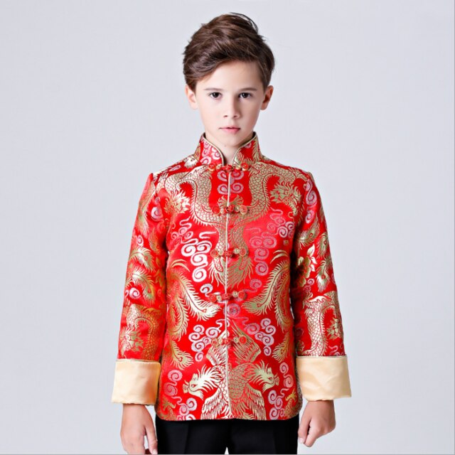 Children's Tang Red Satin Cheongsam Top Chinese Dress Boy Qipao Top Year'S Clothing Host Performance Costume Winter: 130cm