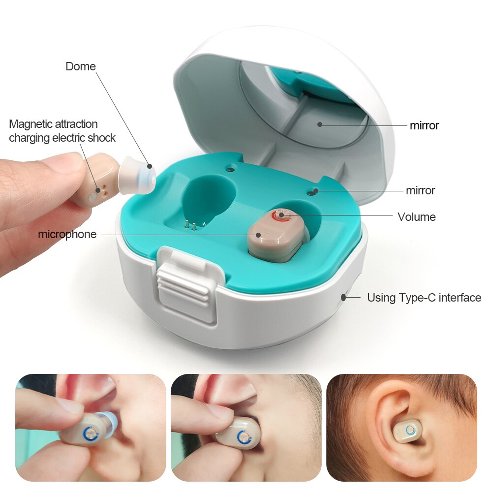 Bedste mini ørehøreapparater i øret usynlige høreapparatassistent justerbar lydforstærker til døve ældre