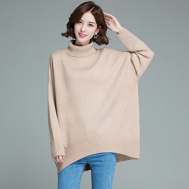 Turtleneck tröja dam löst ytterkläder mellanlång lata stil dam vinter tjock stickad bottenskjorta: Kaki / L