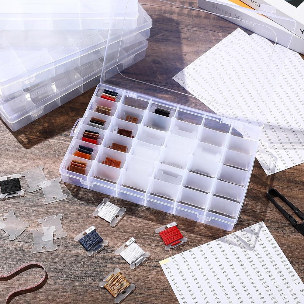 Embroidery Floss Organizer Box Set Compartments Cross Stitch Organizer Box & Plastic Floss Bobbins and Number Stickers for Sewin
