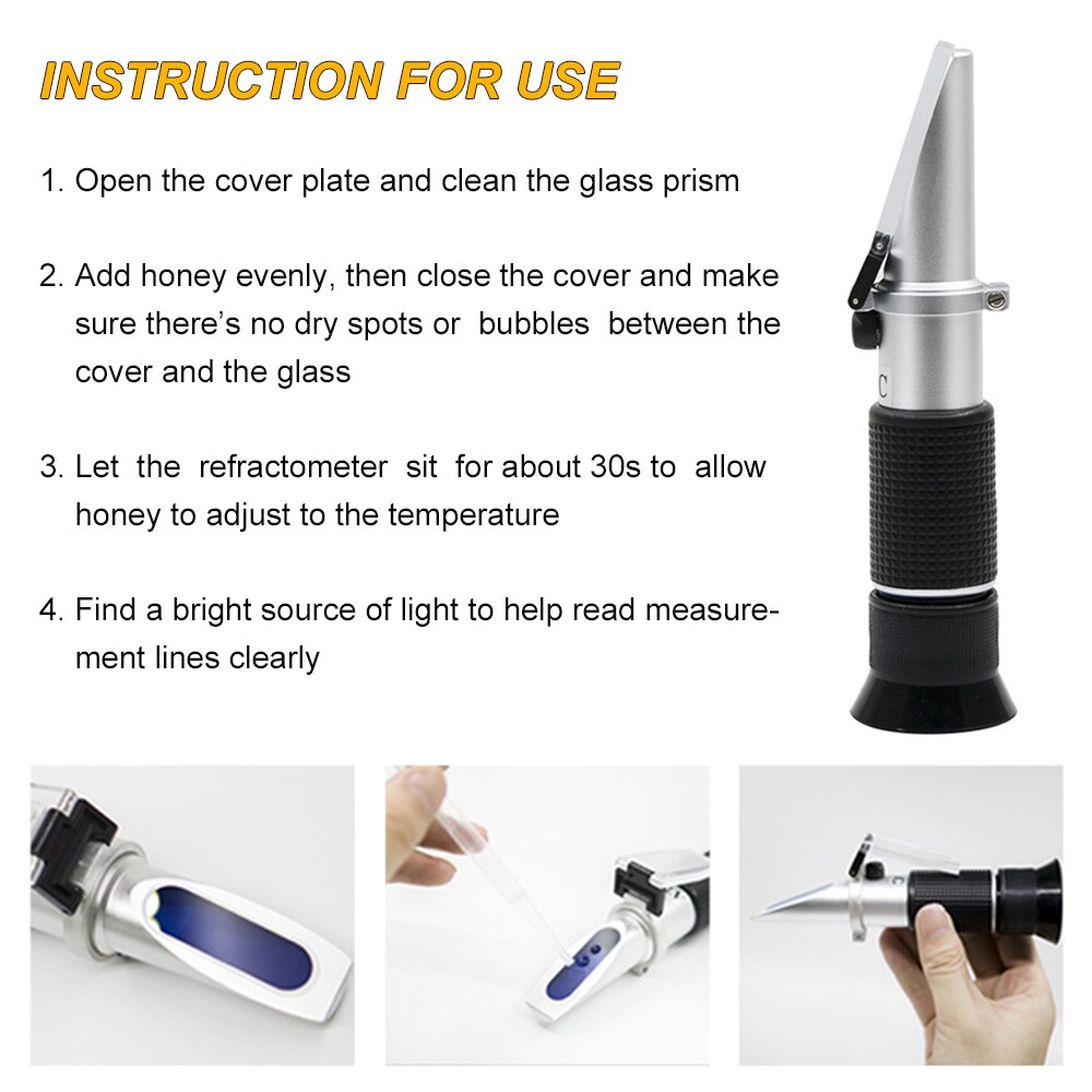 3-in-1 Handheld Honey Refractometers for Honey Moisture & Brix & B-aume Beekeeping Honey Refractometer Water Content Meter