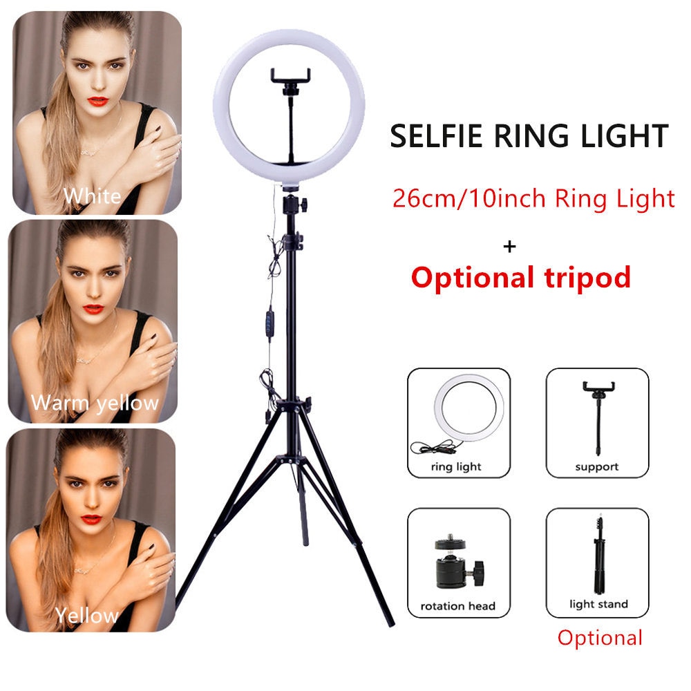 26cm/10in led selfie anel luz regulável anel lâmpada foto câmera de vídeo telefone luz para youtu vlog luz de preenchimento opcional com tripé