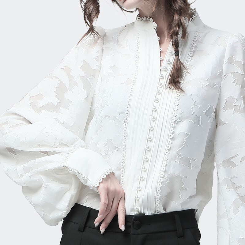 CHICEVER drucken Hemden Für Frauen Stehen Kragen Laterne Langarm Patchwork Perlen Blusen Weibliche Herbst Kleidung