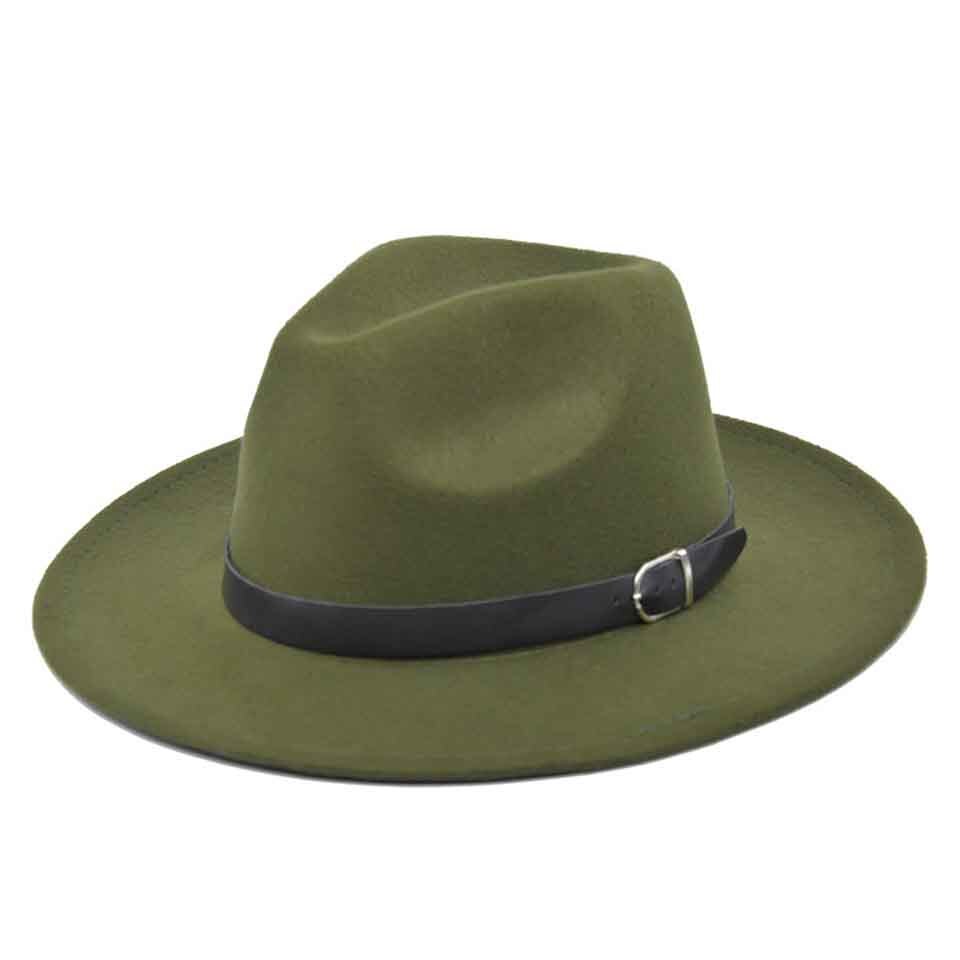 Klassieke Britse Fedora Hoed Brede Rand 8Cm Mannen Vrouwen Imitatie Wollen Winter Vilten Hoeden Mode Jazz Hoed Met Zwarte lederen Gesp: C0200-69