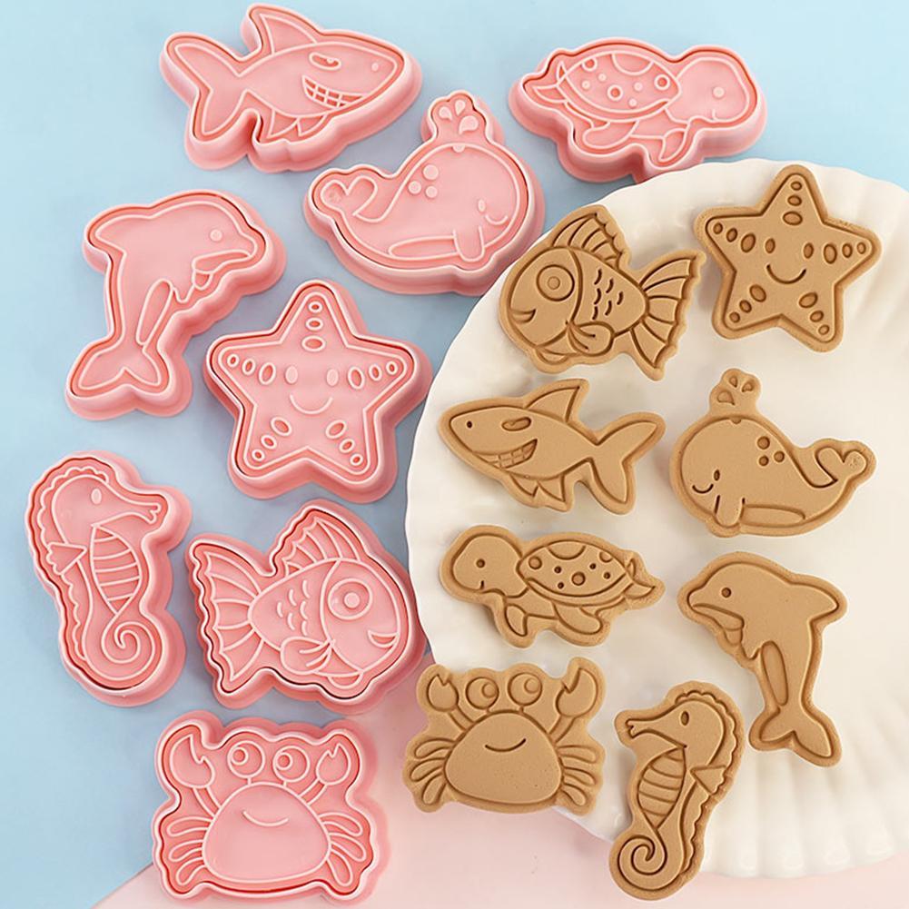 8 Stks/set Mariene Leven Cookie Cutters Plastic 3D Cartoon Pressable Biscuit Mold Cookie Stamp Keuken Bakken Gebak Bakvormen Tool