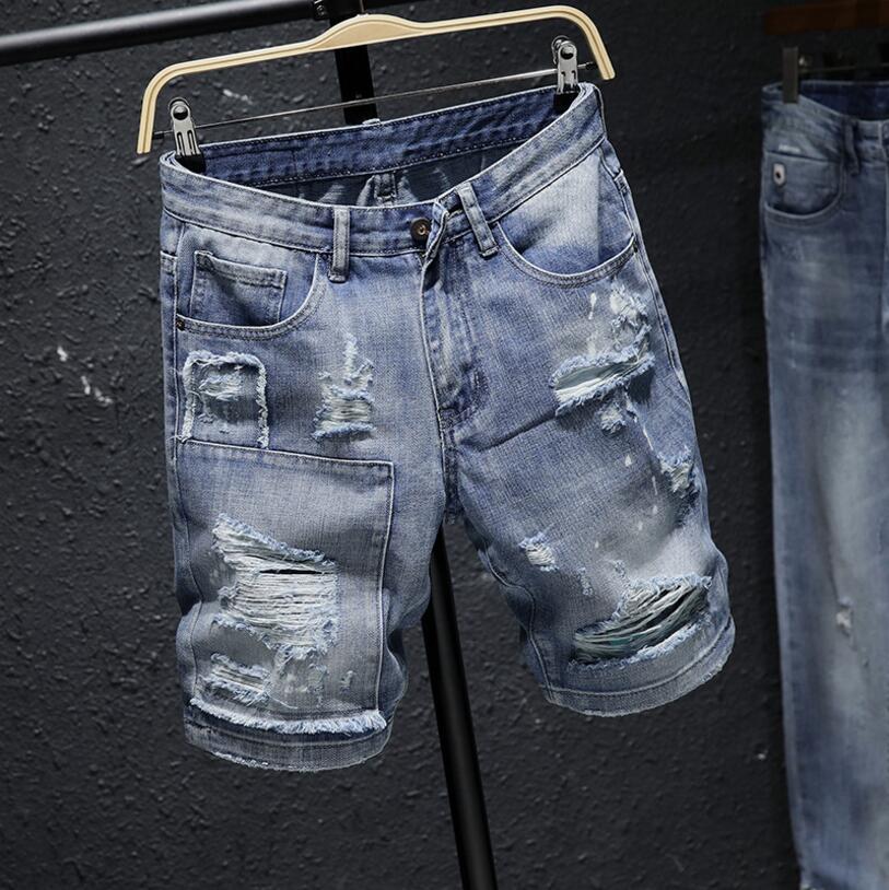 Mænd blå denim shorts sommer huller korte jeans mænd bomuld slim jeans shorts moto biker style denim jeans