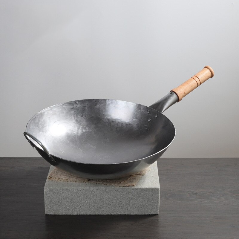 Master Star Traditional Iron Wok 100% Handmade Deep Wok Wooden Handle Non-stick Wrought Iron Kitchen Cookware