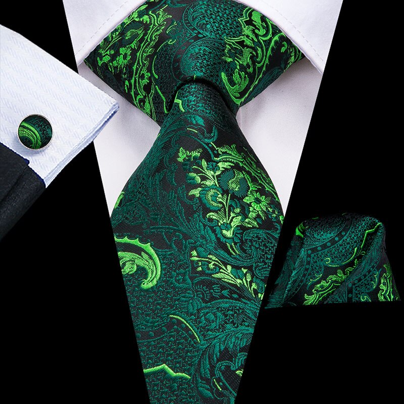 Hi-Tie Christmas 100% Silk Ties For Men Hanky Cufflinks Set 20 Styles Men's Tie Floral Green Plaid Gravatas Party Large Necktie: C-3206