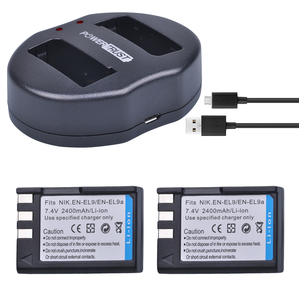 PowerTrust 2Pcs 2400mAh EN-EL9 EN-EL9a EN EL9 EN EL9a batterij + Dual USB Oplader voor Nikon ENEL9 D40 d60 D40X D5000 D3000