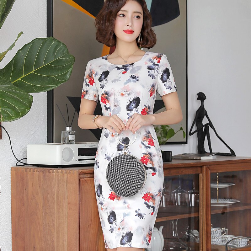summer floral print one-piece dress office style knee-Length dress for ladies formal clothing unfirm