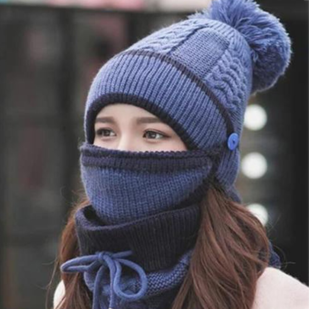3 pièces femmes hiver écharpe ensemble épais tricoté chapeau écharpe couverture de visage en plein air WHShopping