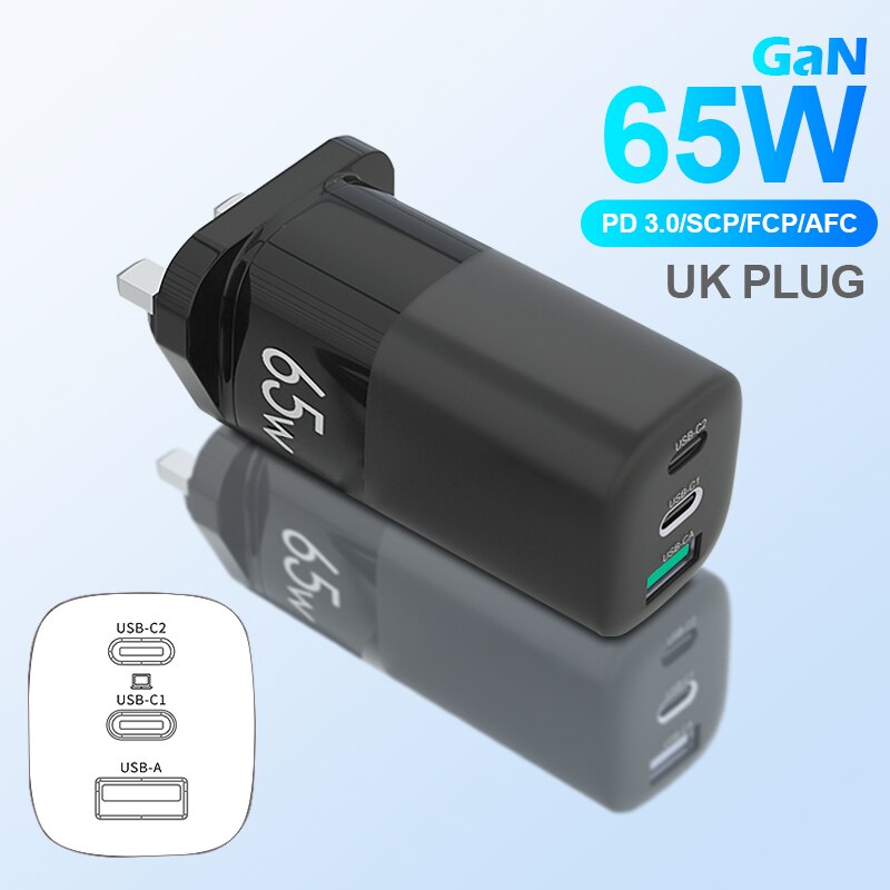 Nohon 65W GaN PD USB C Charger for iPhone Charger Fast Quick Charge Portable Cargador for MacBook Tablet: UK Plug Black