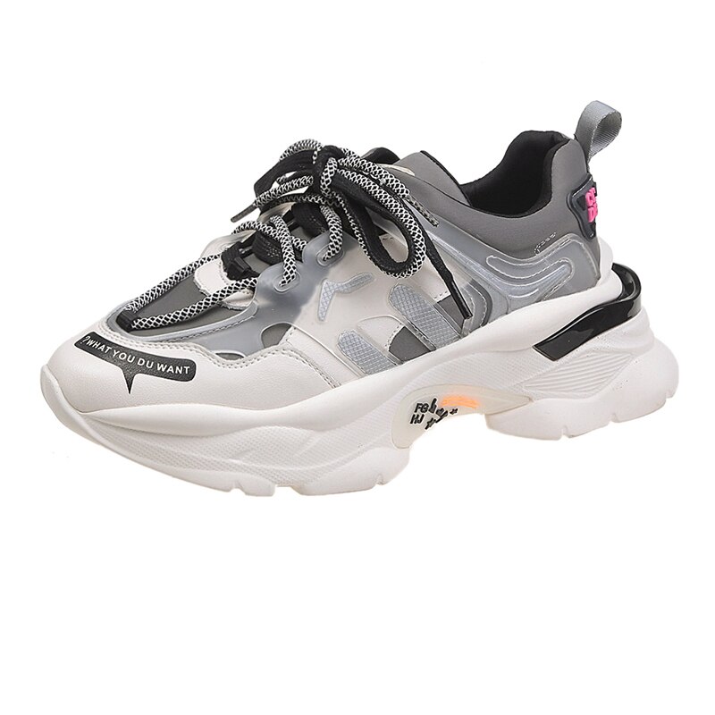 Höst kvinnor chunky sneakers plattform kvinnor bekväma snörning platta skor unisex träningsskor damskor: Grå / 12