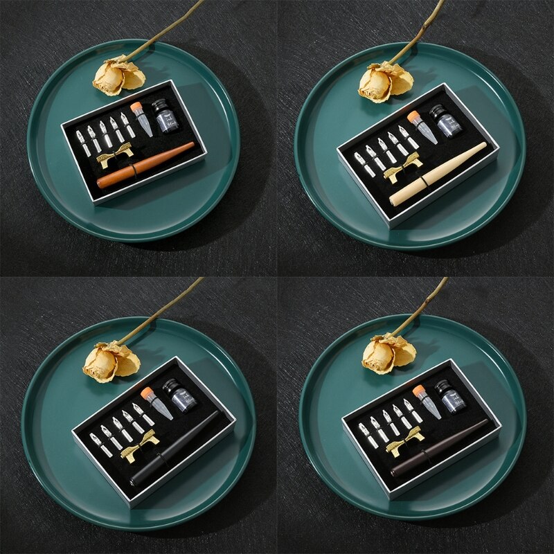 Calligraphy Fountain Dip Pen + 5 Nibs Ink Kit Box for Lettering Sketching