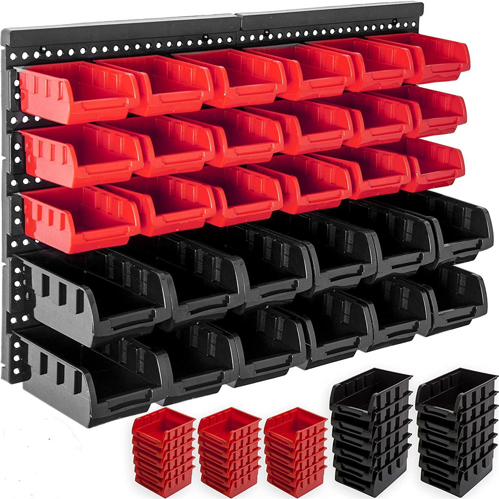 Wall Mounted Storage Bins 30-Bin Parts Rack Organizer Garage with Wall Panels Hooks Plastic Shop Tool for Screw Nails Storages