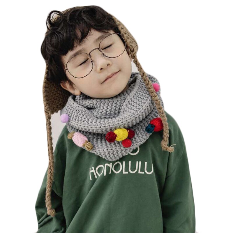 Höst vinter pojkar tjejer halsduk baby barn halskrage färgglad pompom godis halsduk varm tjock stickad ull barn o ring halsdukar