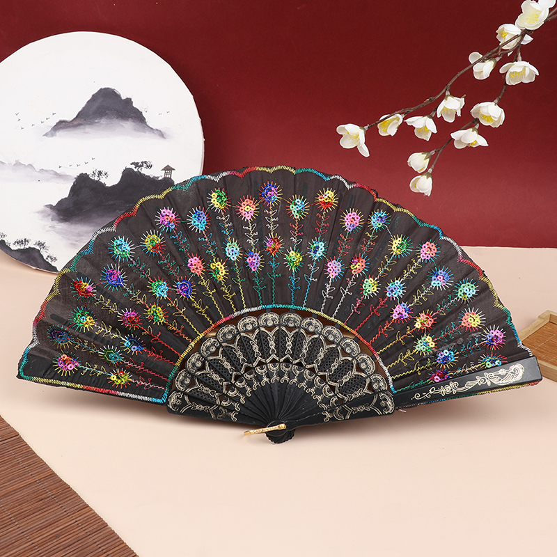 Silk Fan Folding Fan Wedding Art Peacock Sequin Dancing Fan Hand Held Fan: MC