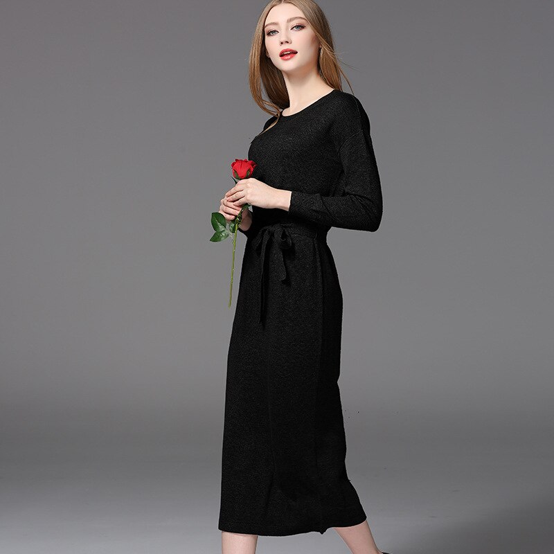 Noble Long Sleeve Knitted Casual Spring Summer Dress Women Evening Party Bodycon Lady Pencil Belt Dresses: Black / M