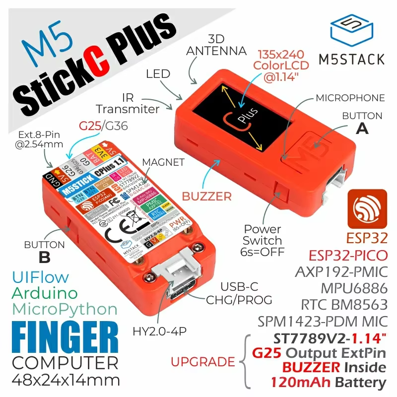 M5Stack oficial M5StickC PLUS-PLUS2 con accesorios de reloj Mini Kit de desarrollo IoT controlador IoT de pantalla TFT de 1,14 pulgadas
