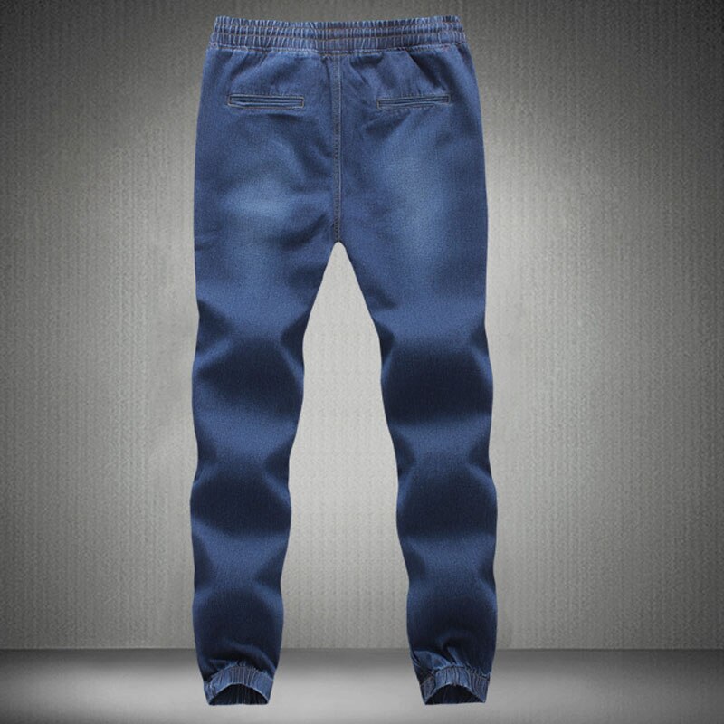 Høj kvalitet mænd elastisk talje denim jeans ankelbåndede bukser herre snoretræk stretch ben haremsbukser plus størrelse m - 5xl