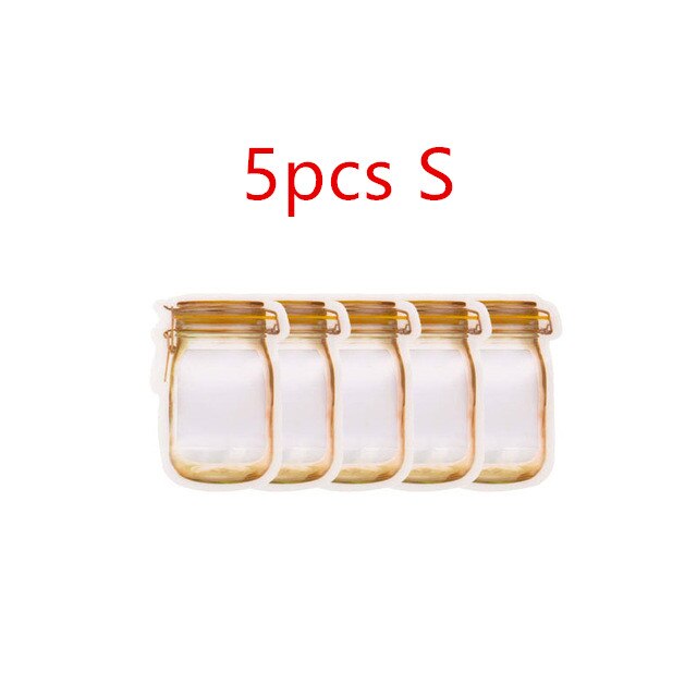 Mason Jar-bolsas reutilizables para botellas, bolsas de caramelos de frutos secos para galletas, Bolsa de almacenamiento de alimentos frescos, aperitivos, organizador de cocina sellado con cremallera, 5/10 Uds.: 5pcs S