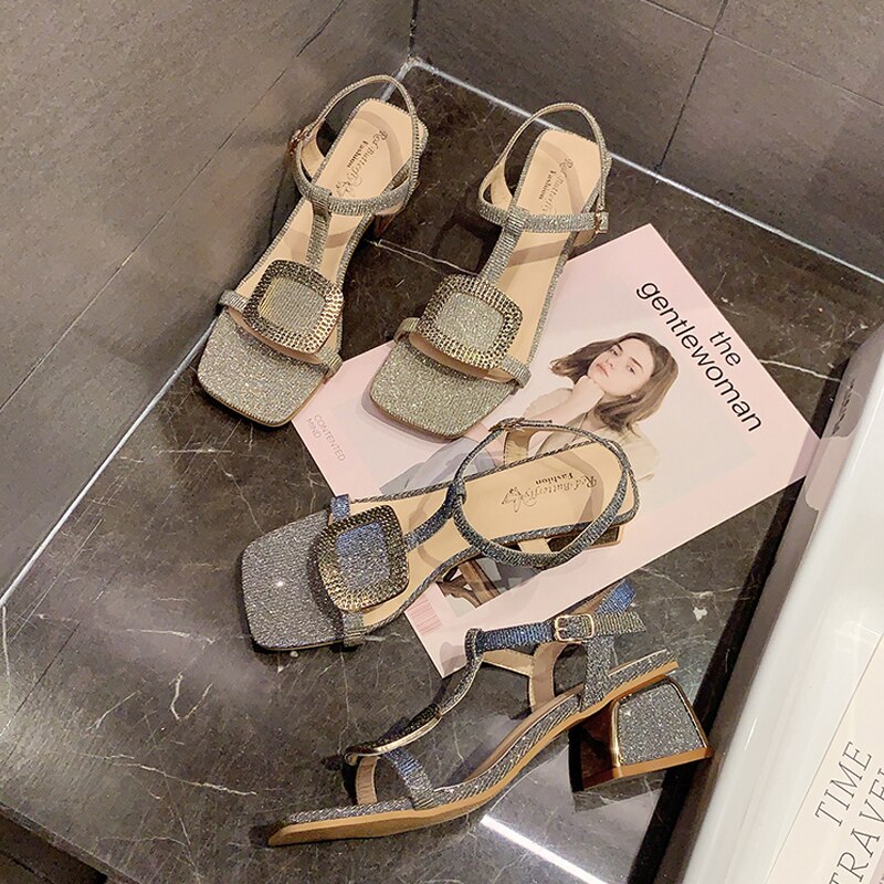 Zomer dames sandalen luxe glanzende strass schoenen meisje blauw hoge dikke hak romeinse schoenen casual avond feest sandalen