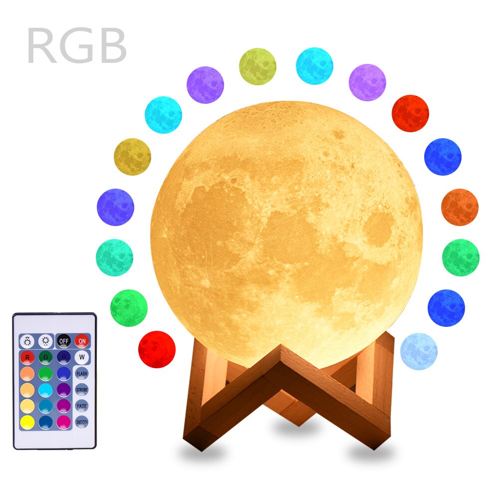 Rambery Maan Lamp 3D Print Nachtlampje Oplaadbare 3 Kleur Kraan Controle Lamp Verlichting 16 Kleuren Veranderen Afstandsbediening Led Maan licht: 16 colors remote / Moon 20cm