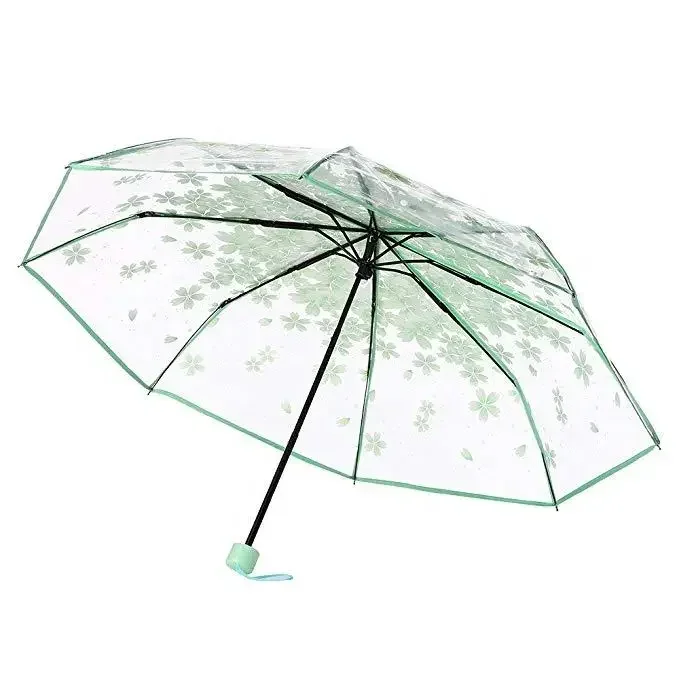 Korean Umbrella Folding Cute Korean Mini Fresh Simple Sen Series Trifold Cherry Blossom Transparent Japanese Umbrella: green