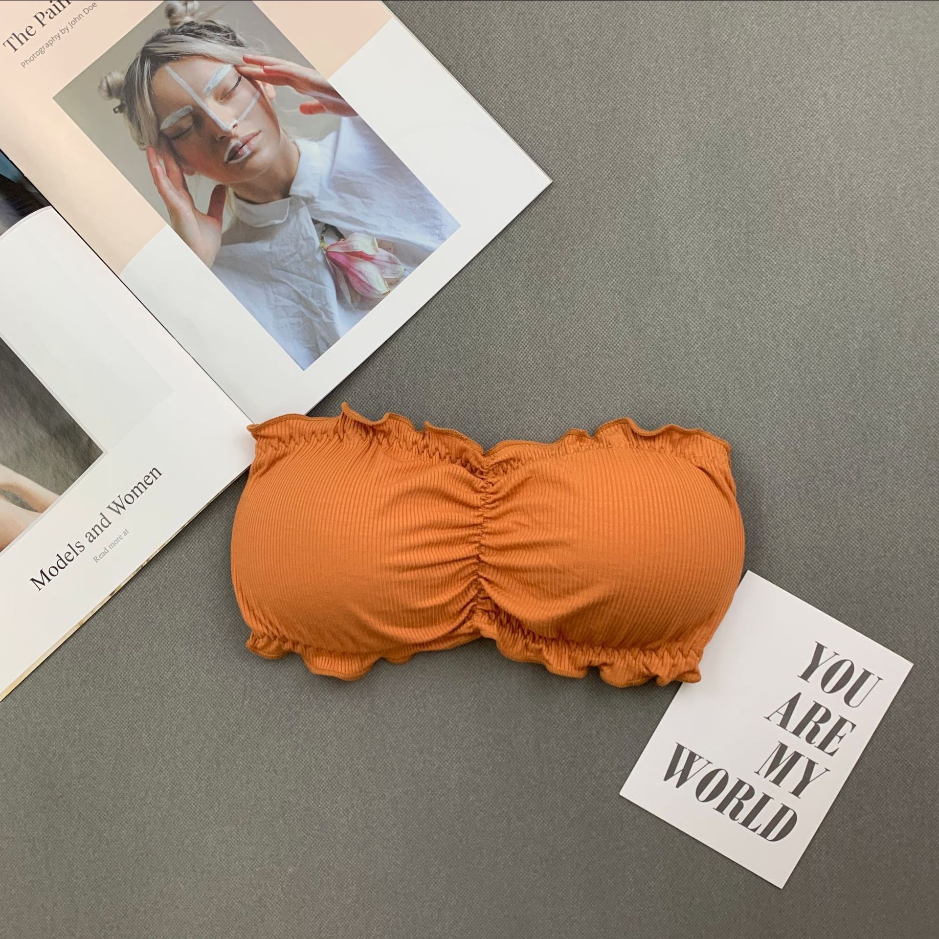 Mooie rug dames bh zonder stalen ring met rugbandgesp, één woord wikkel rond zonder bandjes, meisjes gewikkelde borst: Oranje