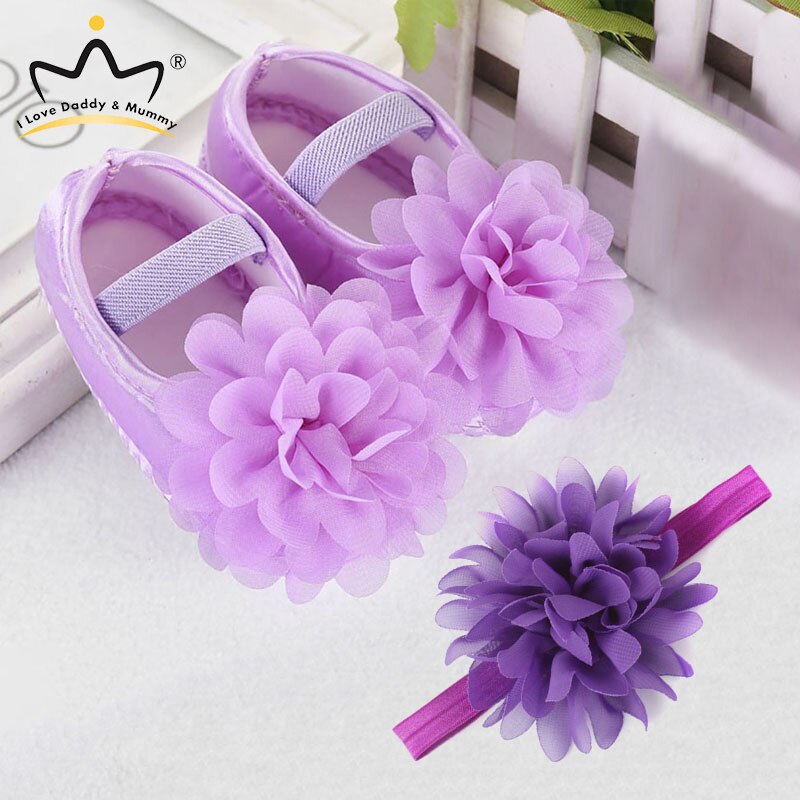 Rosa sløyfe prinsesse baby jente sko pannebånd sett pu leatherr myk bomull anti slip småbarn sko jenter sommer baby sko: Blomst lilla / 0-6 måneder