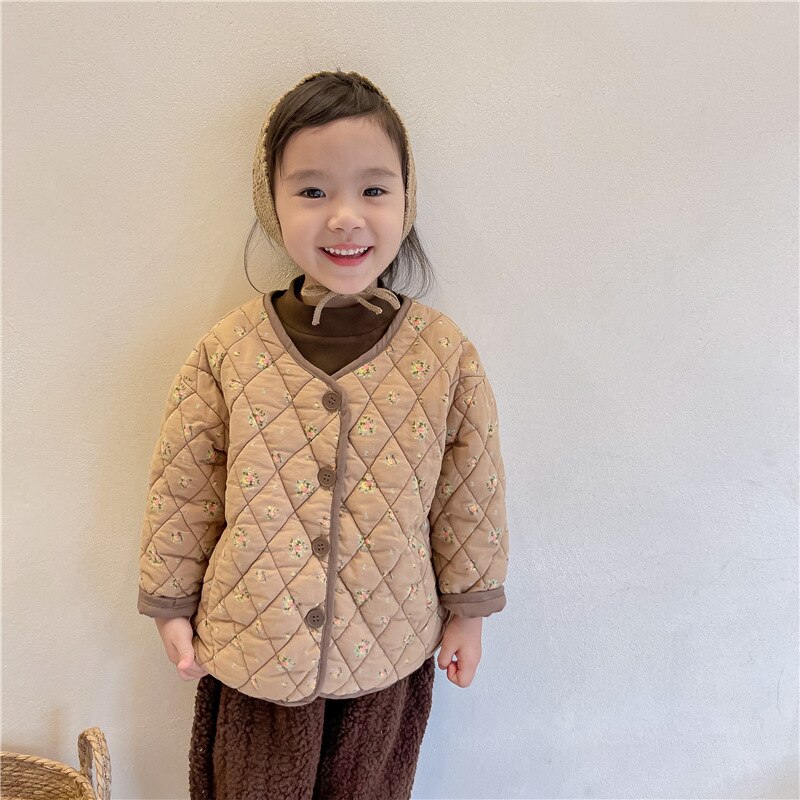 Nuovi vestiti per bambini in stile coreano invernale cappotti trapuntati per bambina stampati floreali addensare capispalla imbottiti in cotone per bambini caldi: coffee / 3T