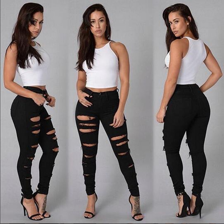 Efterår skinny jeans kvinder denim bukser huller ødelagt knæ blyant bukser casual bukser sort hvid stretch ripped jeans
