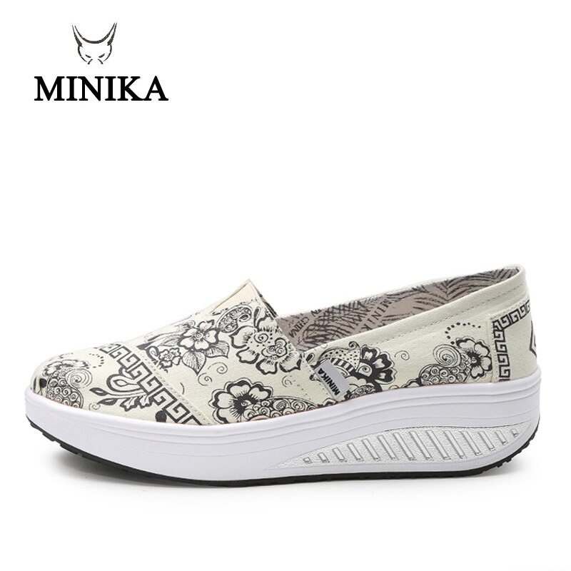 Minika kvinder piger lærred platform sko print slip on swing sko fitness højde stigende toning walking sko