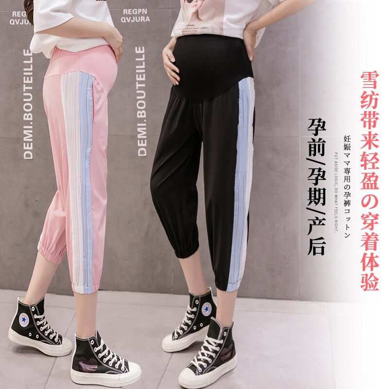 Chiffong gravidbyxor gravid sommarkläder hög midja prenatal wear capri-byxor gravidkläder gravid kläder 0407