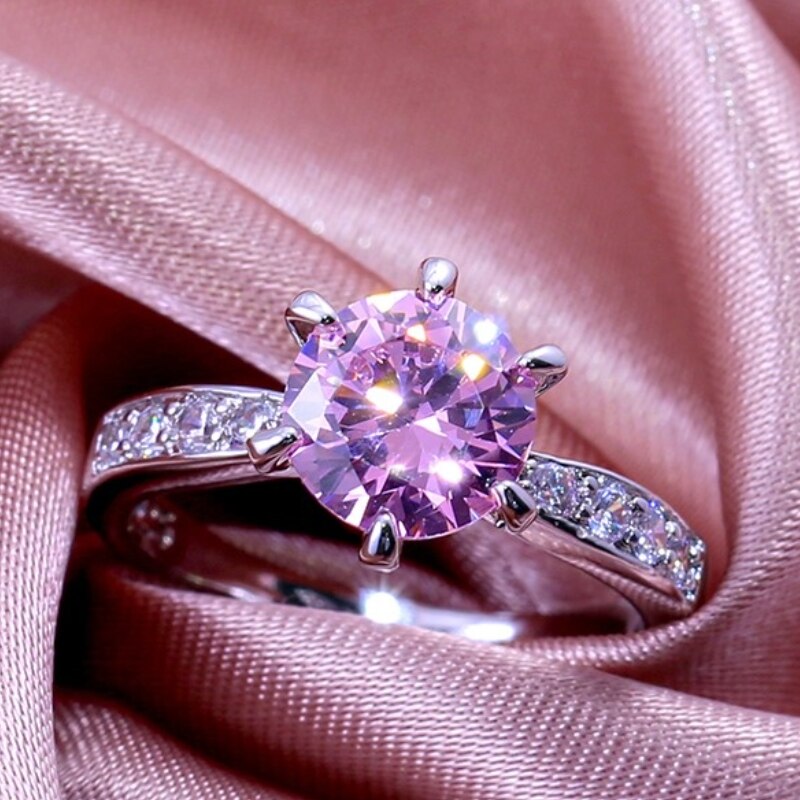 Caoshi Romantische Ronde Roze Kristallen Stenen Ringen Voor Vrouwen Prong Instellen Paar Eternity Sieraden Mooie