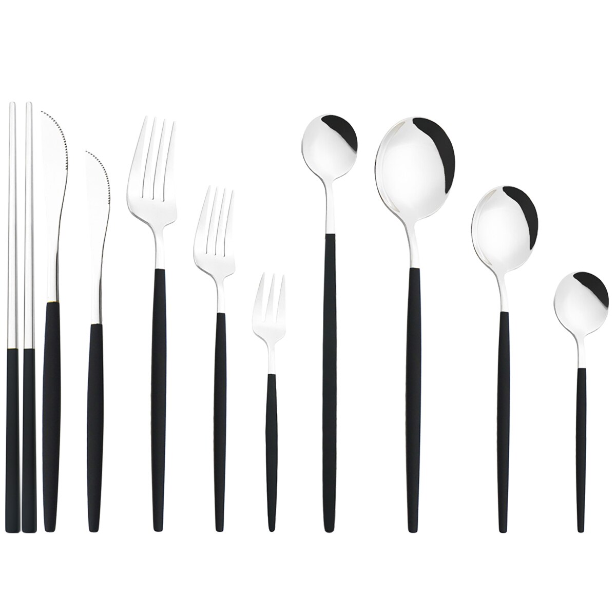 Schwarz Silber Besteck Set Abendessen Messer Dessert Gabel Löffel Stäbchen Geschirr Set Edelstahl Besteck Küche Geschirr