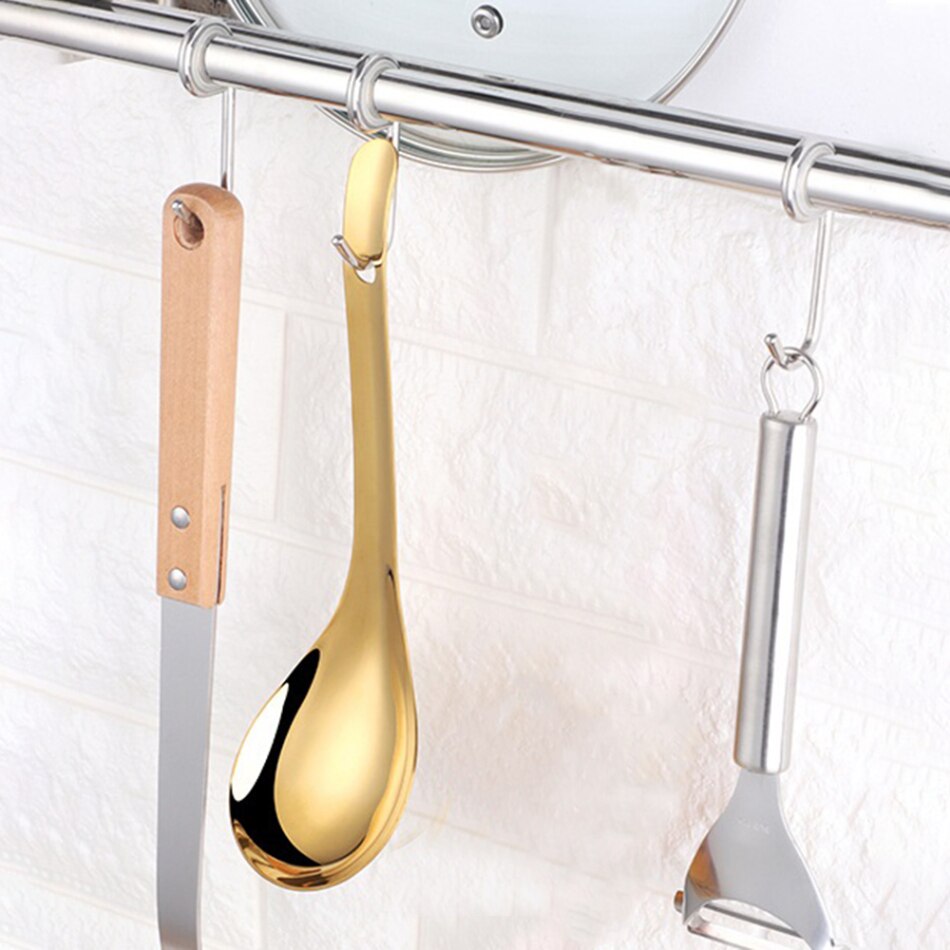 1Pc Rijst Opscheplepel 18/8 Rvs Servies Lange Handvat Soep Pap Rijst Scoop Gouden Lepel Servies Keuken Gereedschap