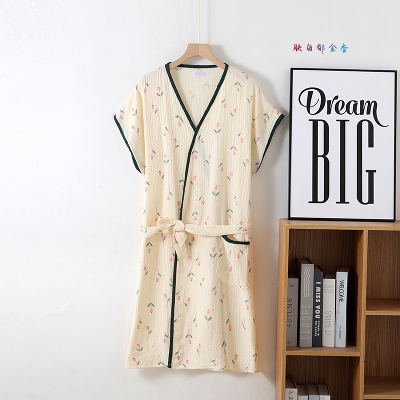 Peignoir de bain à manches courtes pour femmes, impression de fleurs multicolores, vêtements de nuit, chemise de nuit, peignoirs de maison: L / YELLOW
