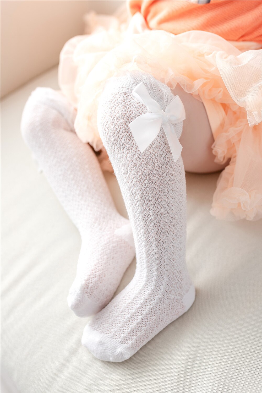 Calcetines hasta la rodilla con lazo para bebé y niño, medias caladas de estilo real, colores caramelo, Verano