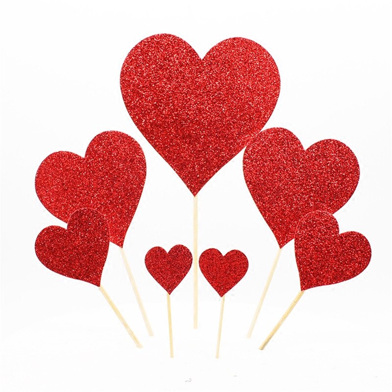 Cakelove 7pcs/Set Red Gold Heart Shape Cake Topper with Toothpick Cake Decorations for Wedding Birthday Party Cute Lovely: Heart red