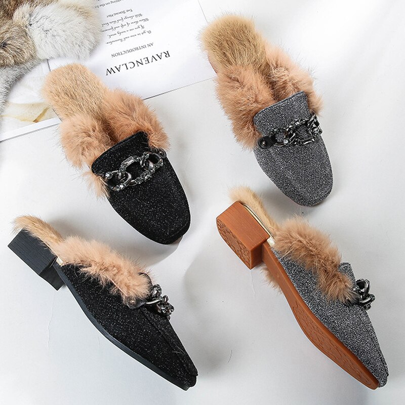 Women Glitter Slides Home Winter Fur Slippers Paillette Furry Flipflops Ladies Low Square Heels Mules Cover Toe Rabbit Fur Shoes