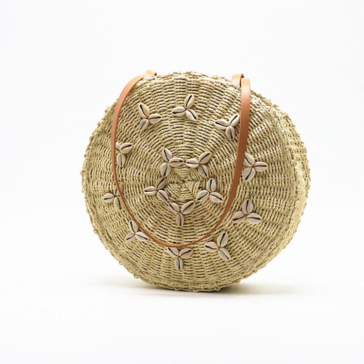Sac de plage en paille ronde sac à bandoulière fait main en coquille tissée d'été pour filles, cercle en rotin tressé détail sac avec fermeture à glissière: beige