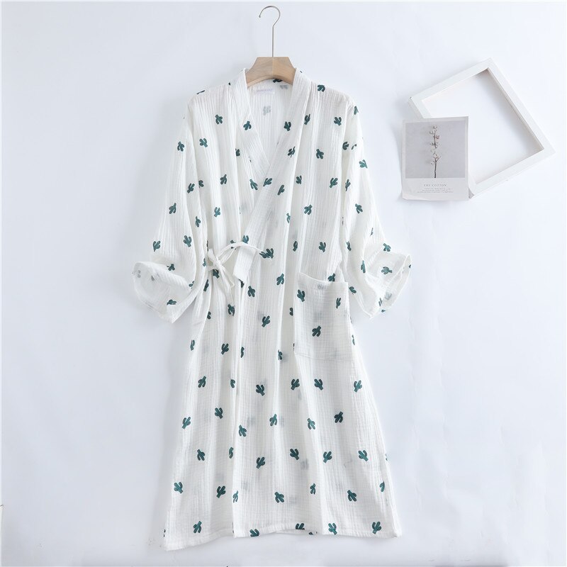 Autumn Women&#39;s Cotton Kimono Robe Cactus Print Long Robes Women Sleepwear Women&#39;s Home Clothes Gown for Women