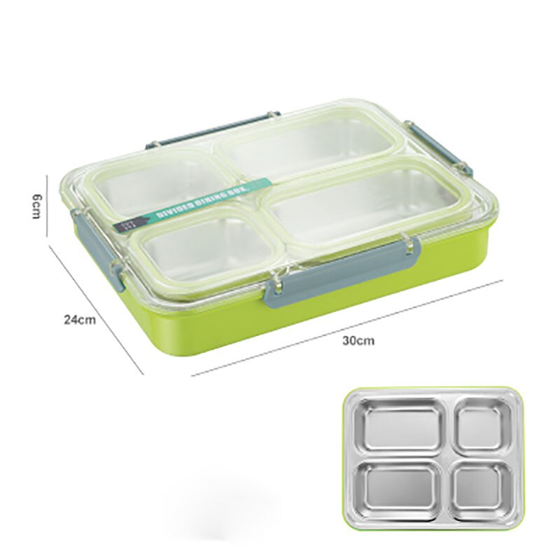 Oneup 304 Roestvrij Staal Lunchbox Compartiment Bento Box Keuken Lekvrije Voedsel Container Compartiment Student Kinderen Gebruik: Green 4 grid