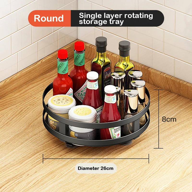Rotation Condiment Rack Multifunctional Carbon Steel Flavour Storage Tray Round Seasonings Spice Organizer for Kitchen: Light Grey