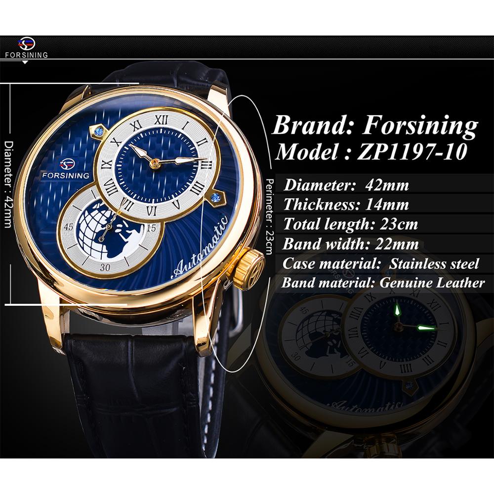 Forsining Halfrond Dial Automatische Horloge Waterdicht Blauw Zwart Lichtgevende Hand Mechanisch Horloge Echt Lederen Band Clcok